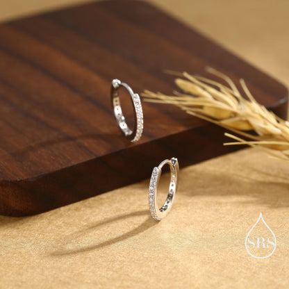 Skinny CZ Crystal Huggie Hoops in Sterling Silver, Silver or Gold or Rose Gold, Minimalist Hoop Earrings, 8mm and 10mm Hoops