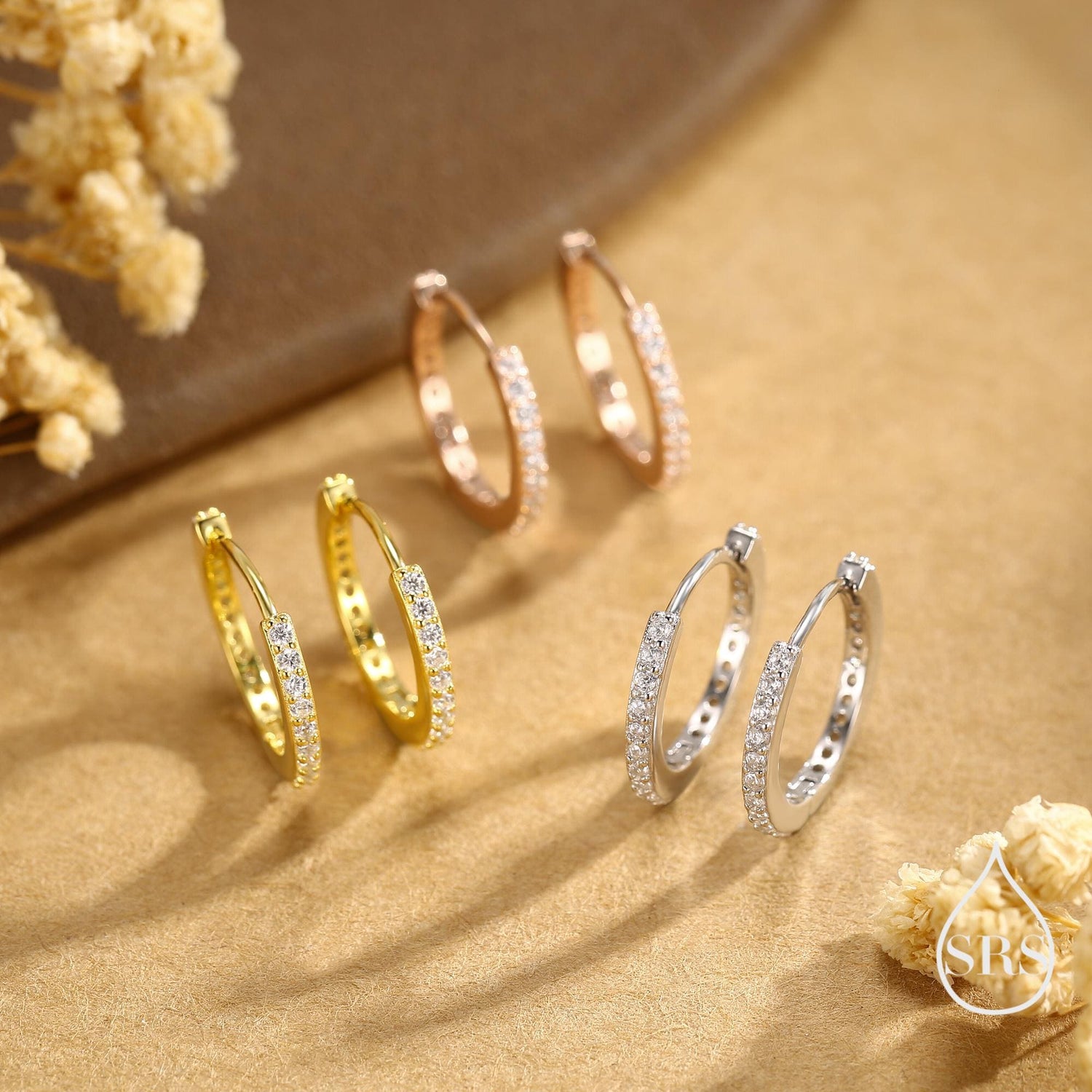 Minimalist Huggie Hoop Earrings in Sterling Silver with Sparkling CZ Crystals, Silver, Rose Gold or Gold, Skinny Hoop Earrings