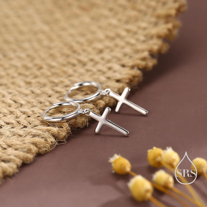 Sterling Silver Minimalist Cross Huggie Hoop Earrings, Cross Dangle Hoop Earrings, Silver, Gold or Rose Gold Finish