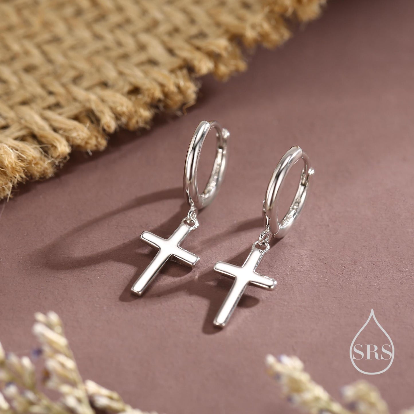 Sterling Silver Minimalist Cross Huggie Hoop Earrings, Cross Dangle Hoop Earrings, Silver, Gold or Rose Gold Finish