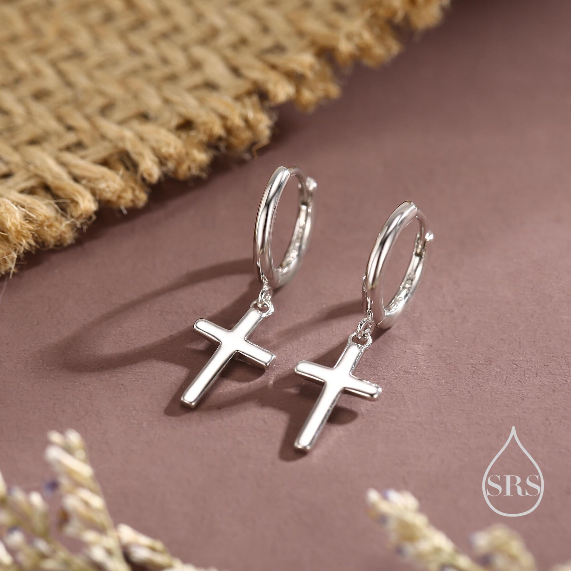 Sterling Silver Minimalist Cross Huggie Hoop Earrings, Cross Dangle Hoop Earrings, Silver, Gold or Rose Gold Finish