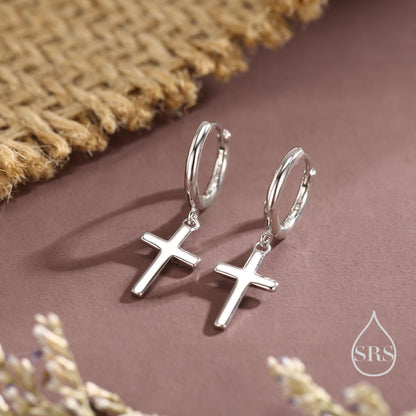 Sterling Silver Minimalist Cross Huggie Hoop Earrings, Cross Dangle Hoop Earrings, Silver, Gold or Rose Gold Finish