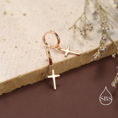 Sterling Silver Minimalist Cross Huggie Hoop Earrings, Cross Dangle Hoop Earrings, Silver, Gold or Rose Gold Finish