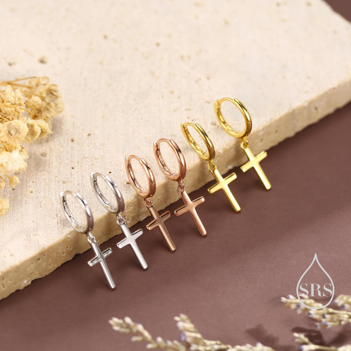 Sterling Silver Minimalist Cross Huggie Hoop Earrings, Cross Dangle Hoop Earrings, Silver, Gold or Rose Gold Finish