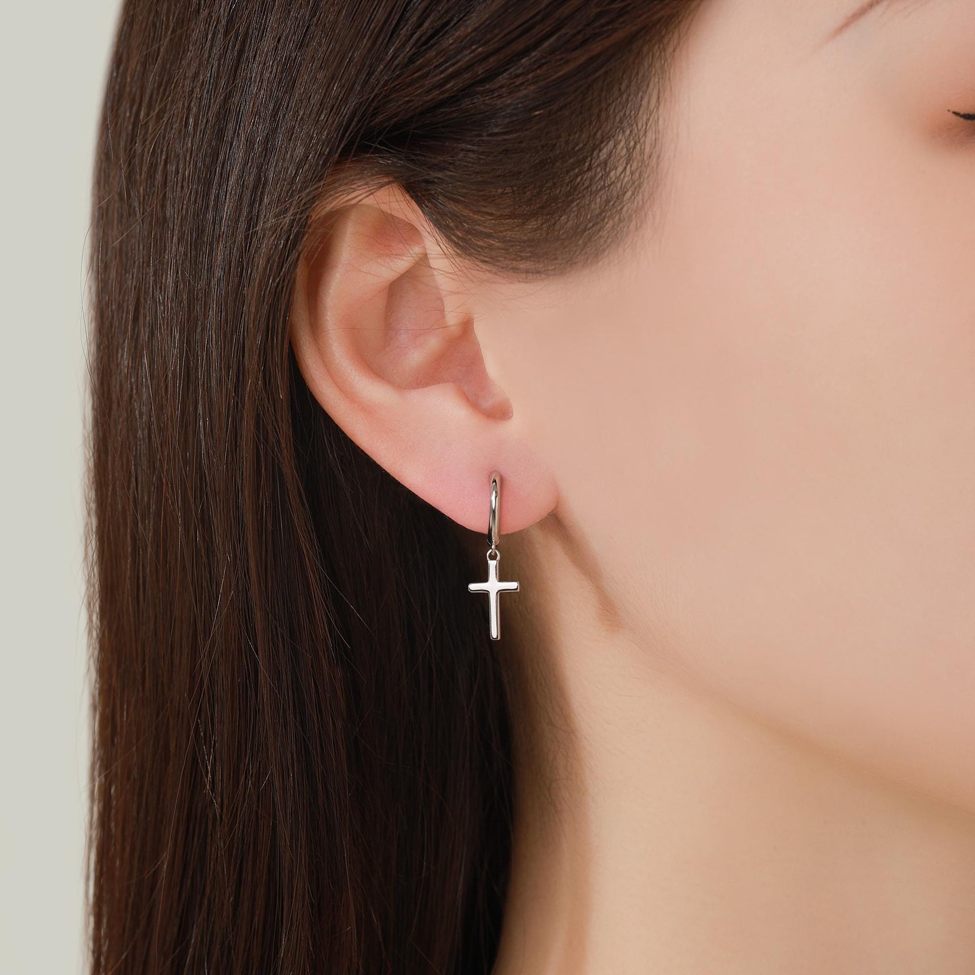 Sterling Silver Minimalist Cross Huggie Hoop Earrings, Cross Dangle Hoop Earrings, Silver, Gold or Rose Gold Finish