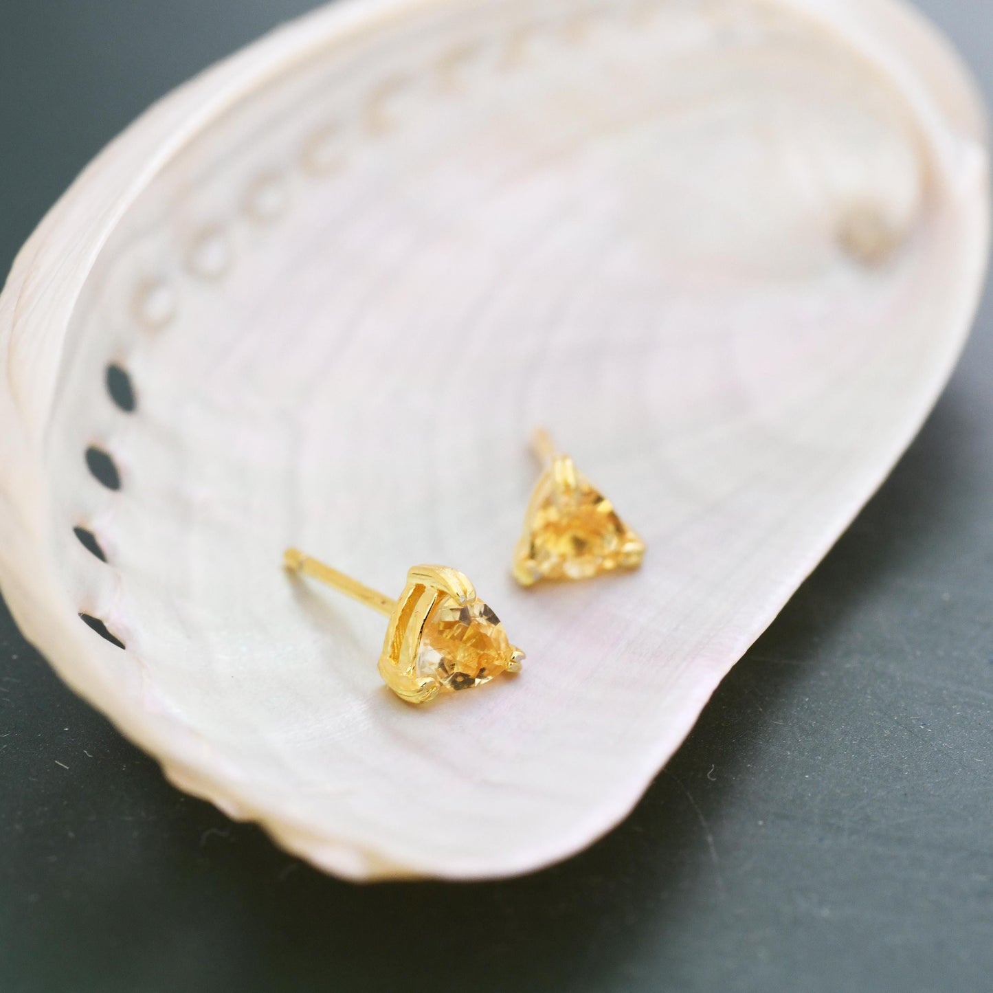 Genuine Yellow Citrine Crystal Stud Earrings in Sterling Silver, Silver or Gold, Trillion Cut Citrine Earrings, Double Pronged