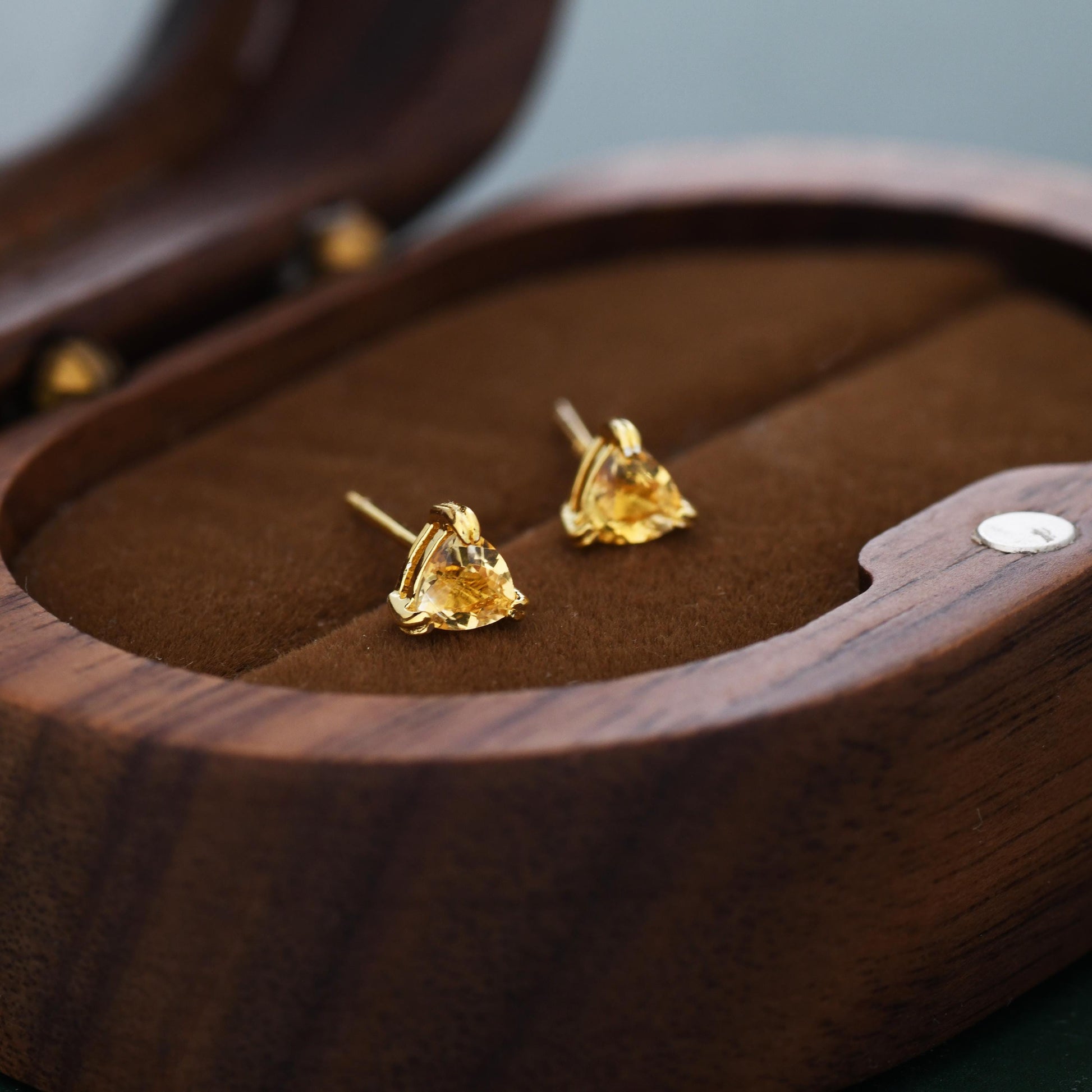 Genuine Yellow Citrine Crystal Stud Earrings in Sterling Silver, Silver or Gold, Trillion Cut Citrine Earrings, Double Pronged