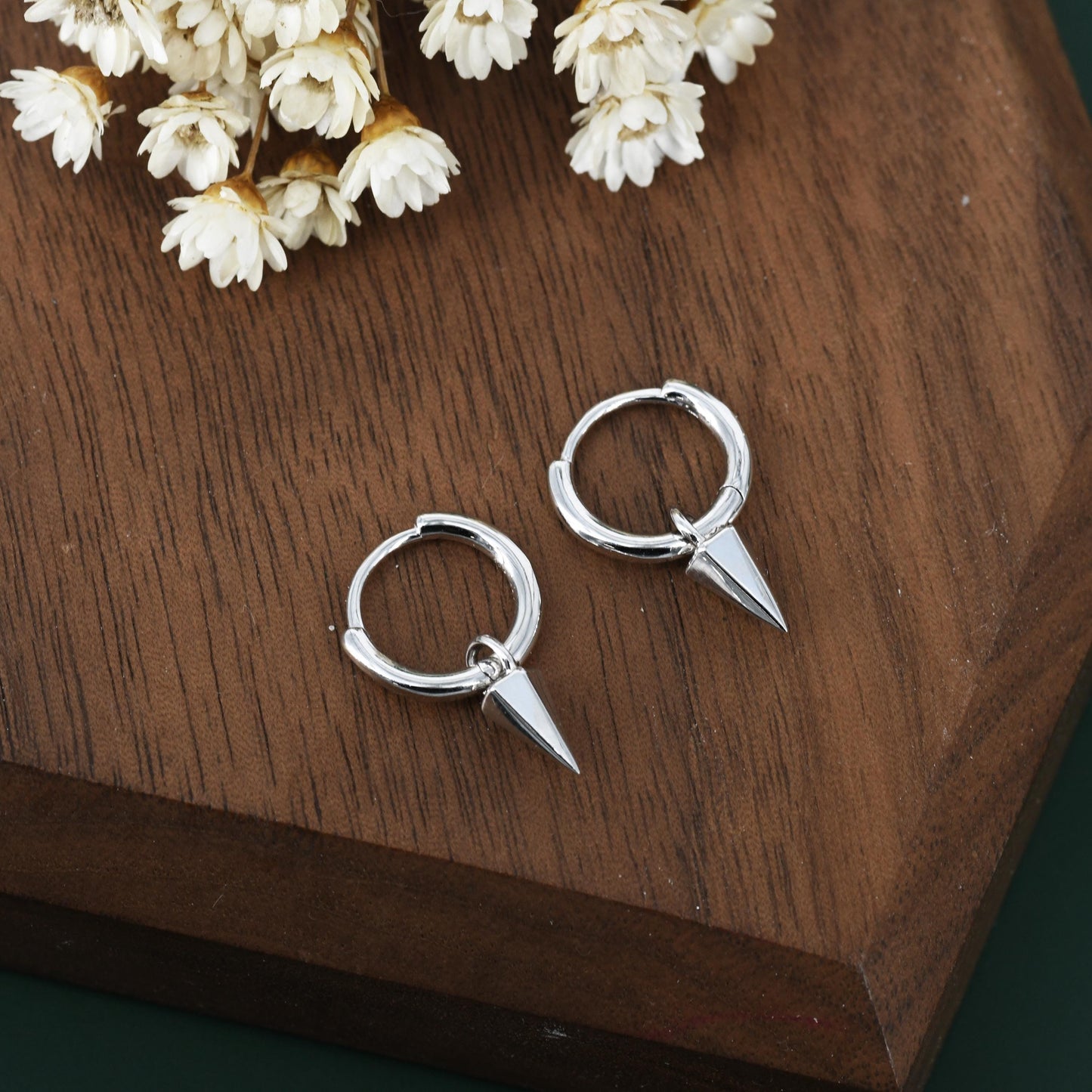 Sterling Silver Dainty Spike Hoop Earrings, Detachable Spike Pyramid Charm Dangle Hoop Earrings, Silver or Gold or Rose Gold