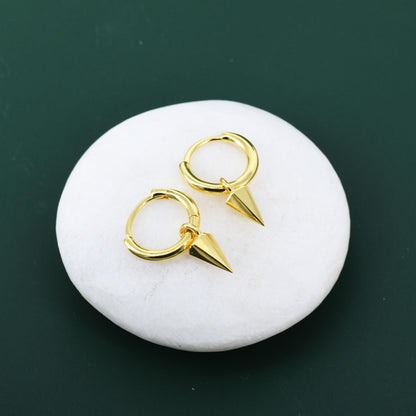 Sterling Silver Dainty Spike Hoop Earrings, Detachable Spike Pyramid Charm Dangle Hoop Earrings, Silver or Gold or Rose Gold