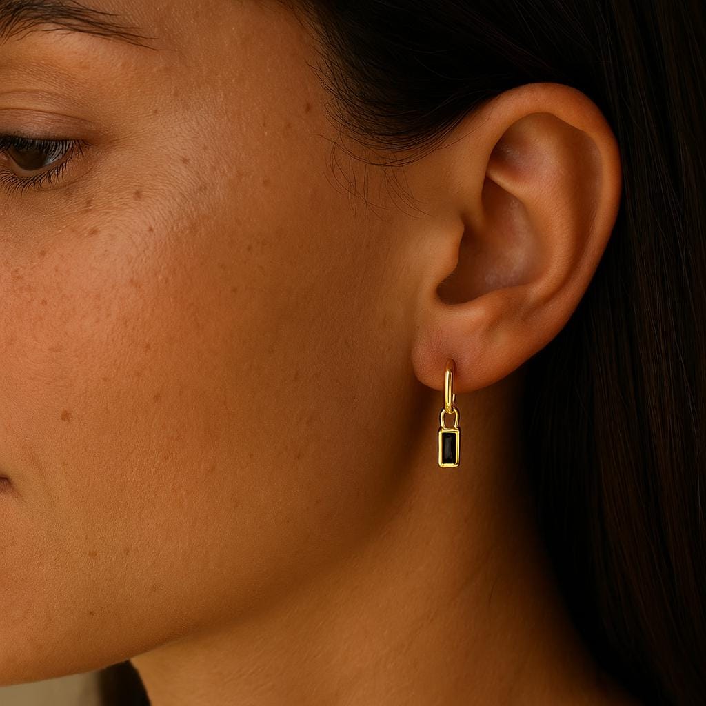 Black Baguette Cut CZ Huggie Hoop in Sterling Silver, Silver or Gold, CZ Minimalist Hoop Earrings, Detachable and Interchangeable