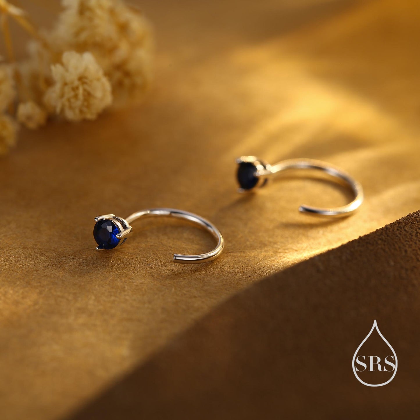 Sapphire Blue CZ Crystal Huggie Hoop Threader Earrings in Sterling Silver, 3mm Three Prong, Gold or Silver, Pull Through Open Hoops