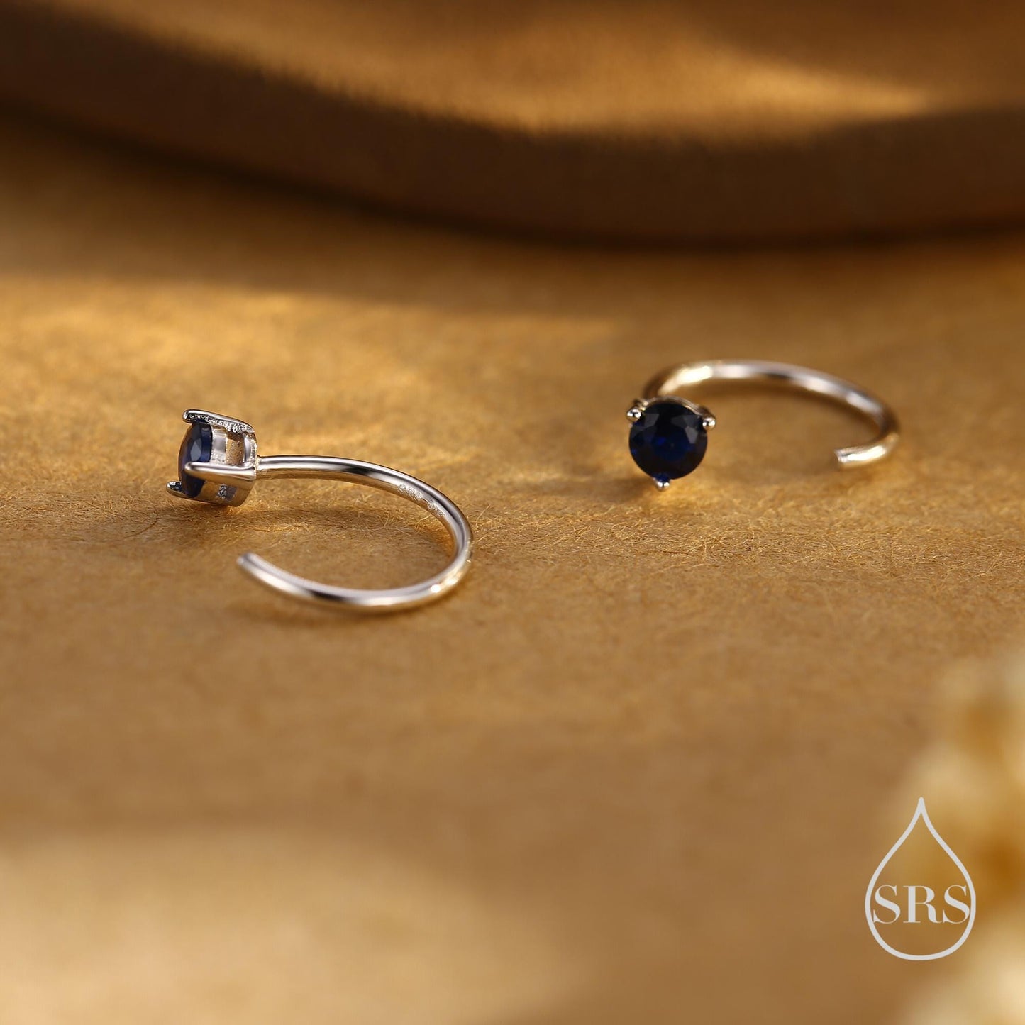 Sapphire Blue CZ Crystal Huggie Hoop Threader Earrings in Sterling Silver, 3mm Three Prong, Gold or Silver, Pull Through Open Hoops