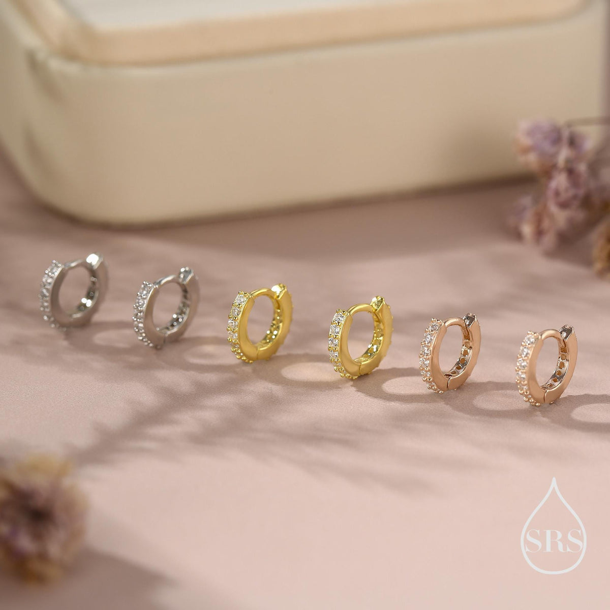 Double Sided CZ Huggie Hoops in Sterling Silver, 6mm, 8mm, 10mm and 12mm Clicker Hoops, Rose Gold or Gold, Simple Sleeper Hoop Earrings
