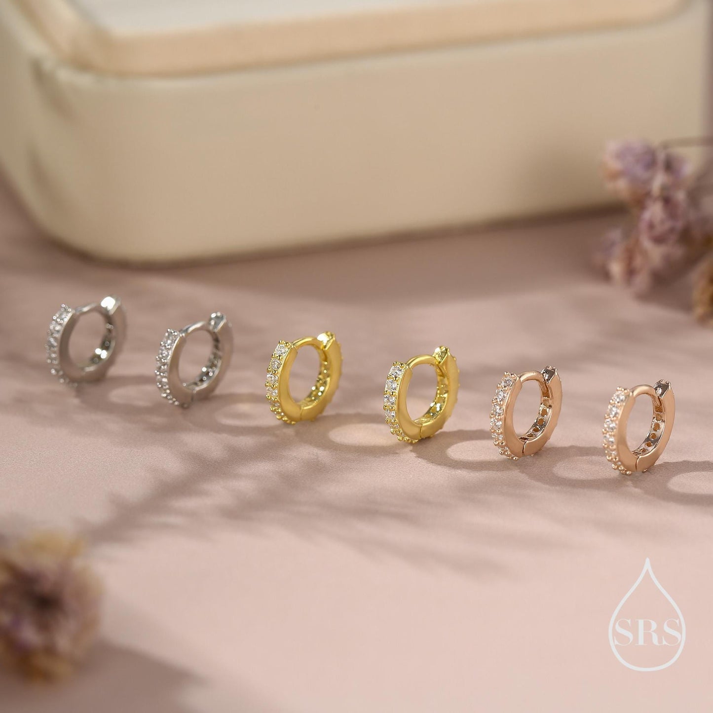 Double Sided CZ Huggie Hoops in Sterling Silver, 6mm, 8mm, 10mm and 12mm Clicker Hoops, Rose Gold or Gold, Simple Sleeper Hoop Earrings