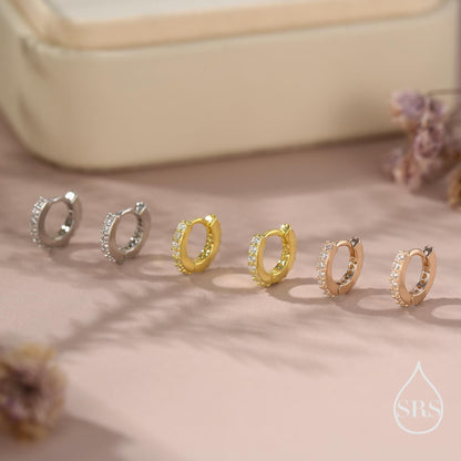 Double Sided CZ Huggie Hoops in Sterling Silver, 6mm, 8mm, 10mm and 12mm Clicker Hoops, Rose Gold or Gold, Simple Sleeper Hoop Earrings