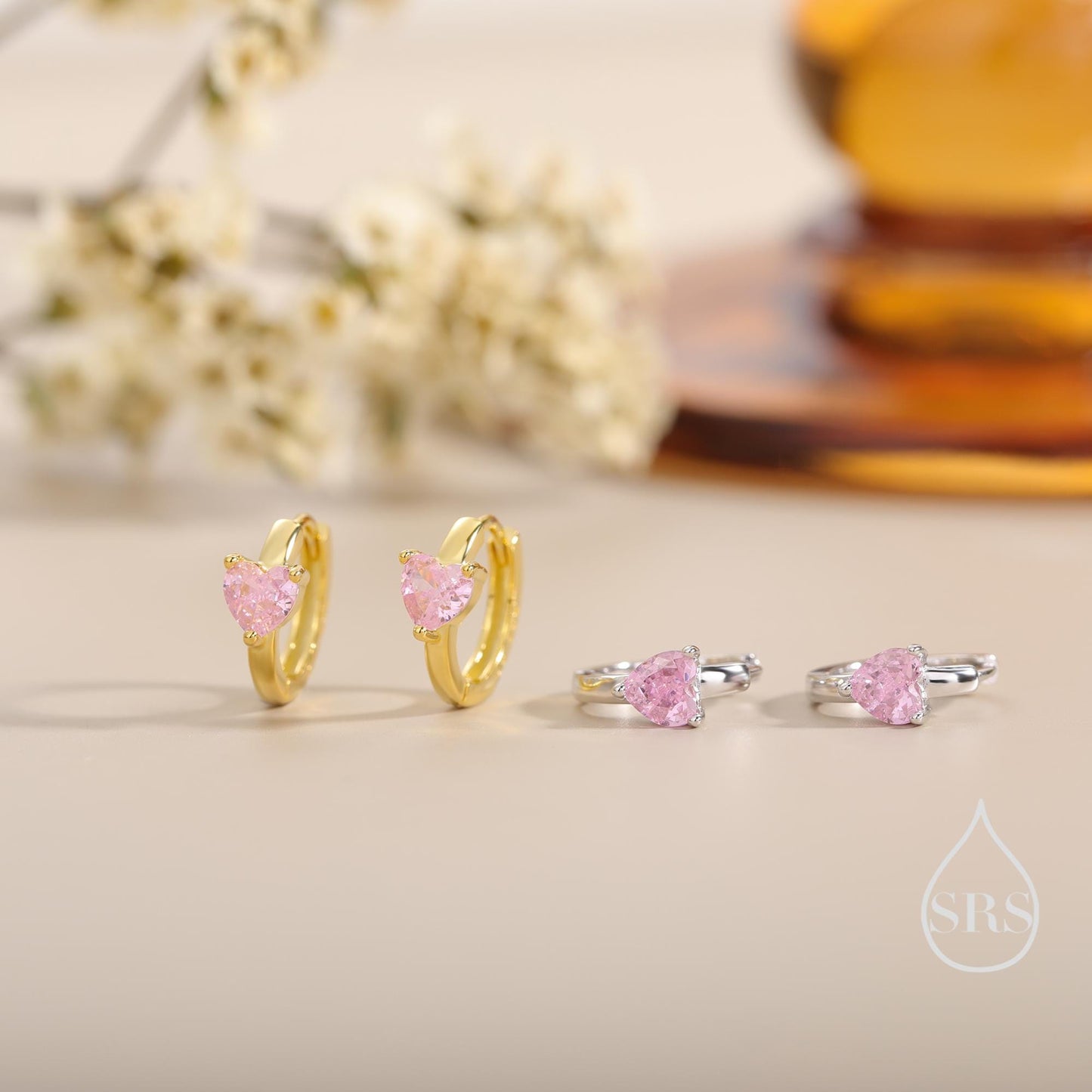 Tourmaline Pink Heart Huggie Hoop in Sterling Silver, Silver or Gold, 8mm Inner Diameter, Stacking Earrings, October Birthstone