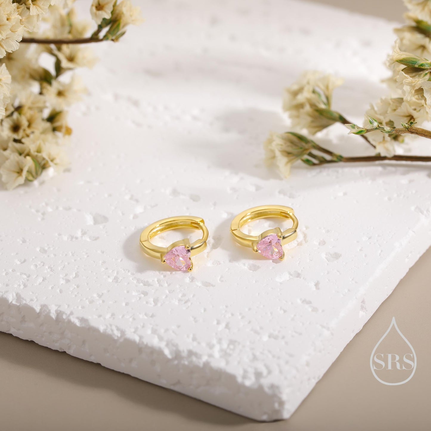 Tourmaline Pink Heart Huggie Hoop in Sterling Silver, Silver or Gold, 8mm Inner Diameter, Stacking Earrings, October Birthstone