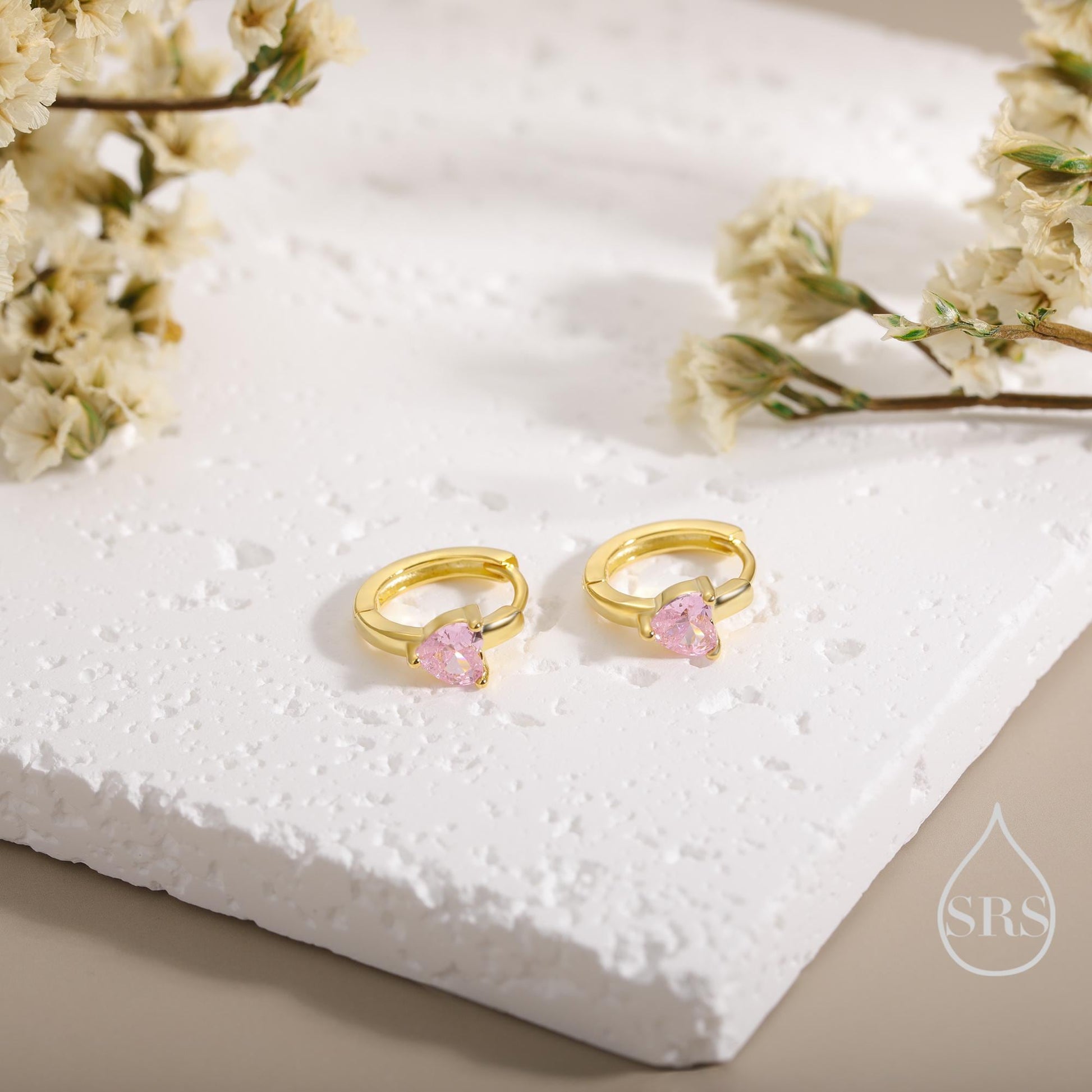 Tourmaline Pink Heart Huggie Hoop in Sterling Silver, Silver or Gold, 8mm Inner Diameter, Stacking Earrings, October Birthstone