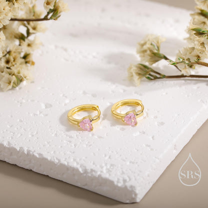 Tourmaline Pink Heart Huggie Hoop in Sterling Silver, Silver or Gold, 8mm Inner Diameter, Stacking Earrings, October Birthstone