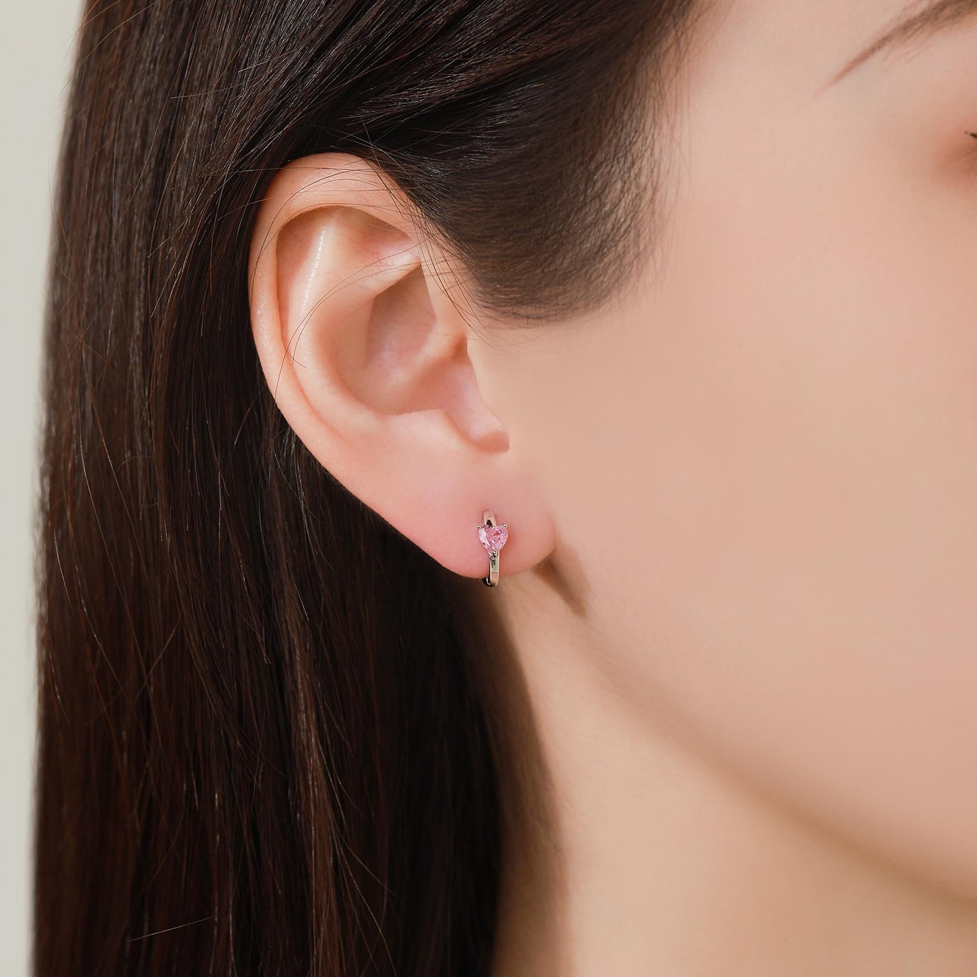 Tourmaline Pink Heart Huggie Hoop in Sterling Silver, Silver or Gold, 8mm Inner Diameter, Stacking Earrings, October Birthstone