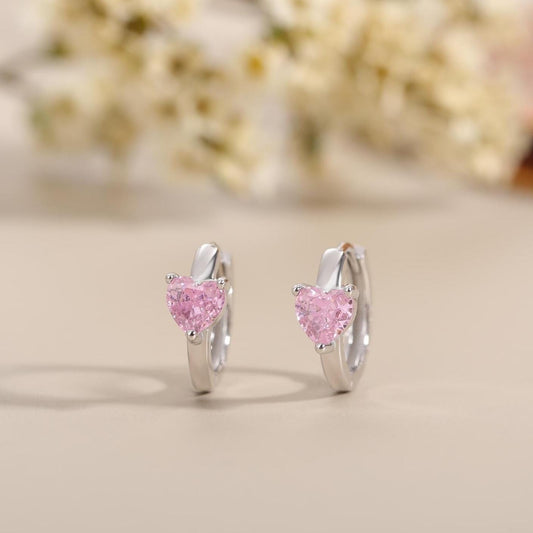 Tourmaline Pink Heart Huggie Hoop in Sterling Silver, Silver or Gold, 8mm Inner Diameter, Stacking Earrings, October Birthstone