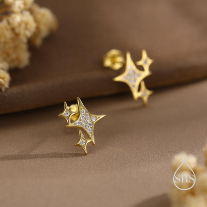 Sparkly Stars CZ Stud Earrings in Sterling Silver, Four Point Star Earrings, Silver or Gold, Three Star Earrings, Celestial Earrings