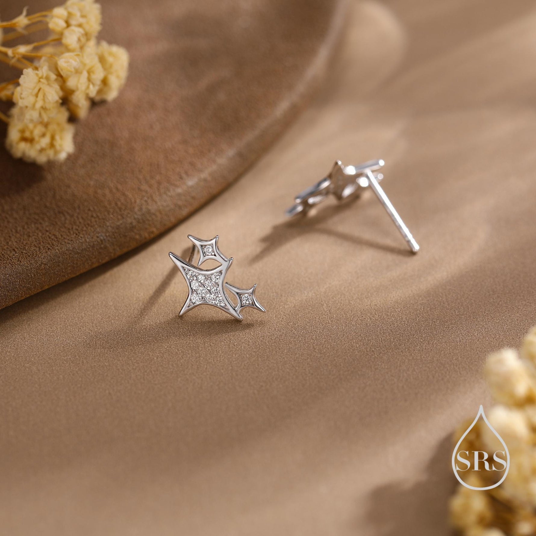 Sparkly Stars CZ Stud Earrings in Sterling Silver, Four Point Star Earrings, Silver or Gold, Three Star Earrings, Celestial Earrings