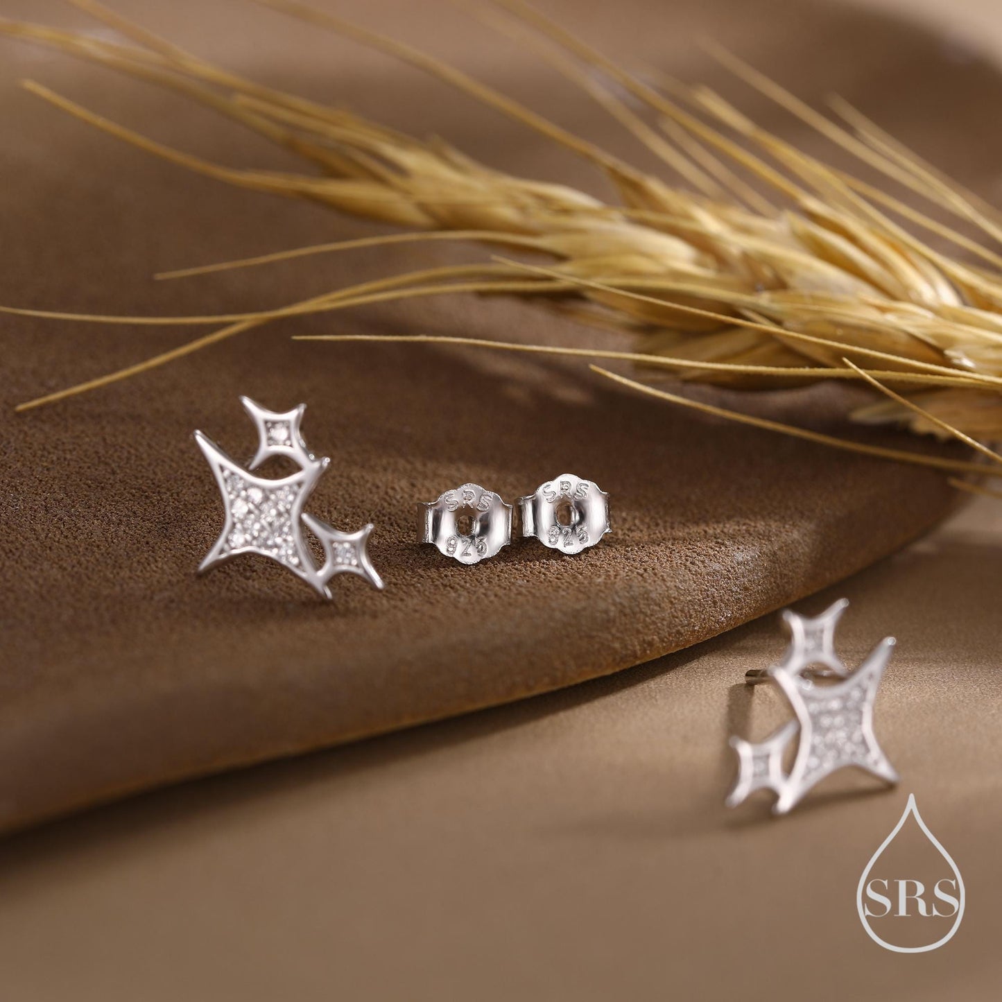 Sparkly Stars CZ Stud Earrings in Sterling Silver, Four Point Star Earrings, Silver or Gold, Three Star Earrings, Celestial Earrings