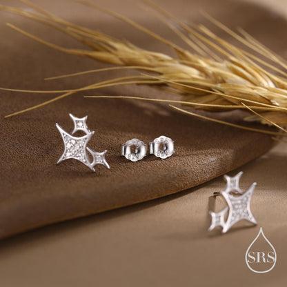 Sparkly Stars CZ Stud Earrings in Sterling Silver, Four Point Star Earrings, Silver or Gold, Three Star Earrings, Celestial Earrings