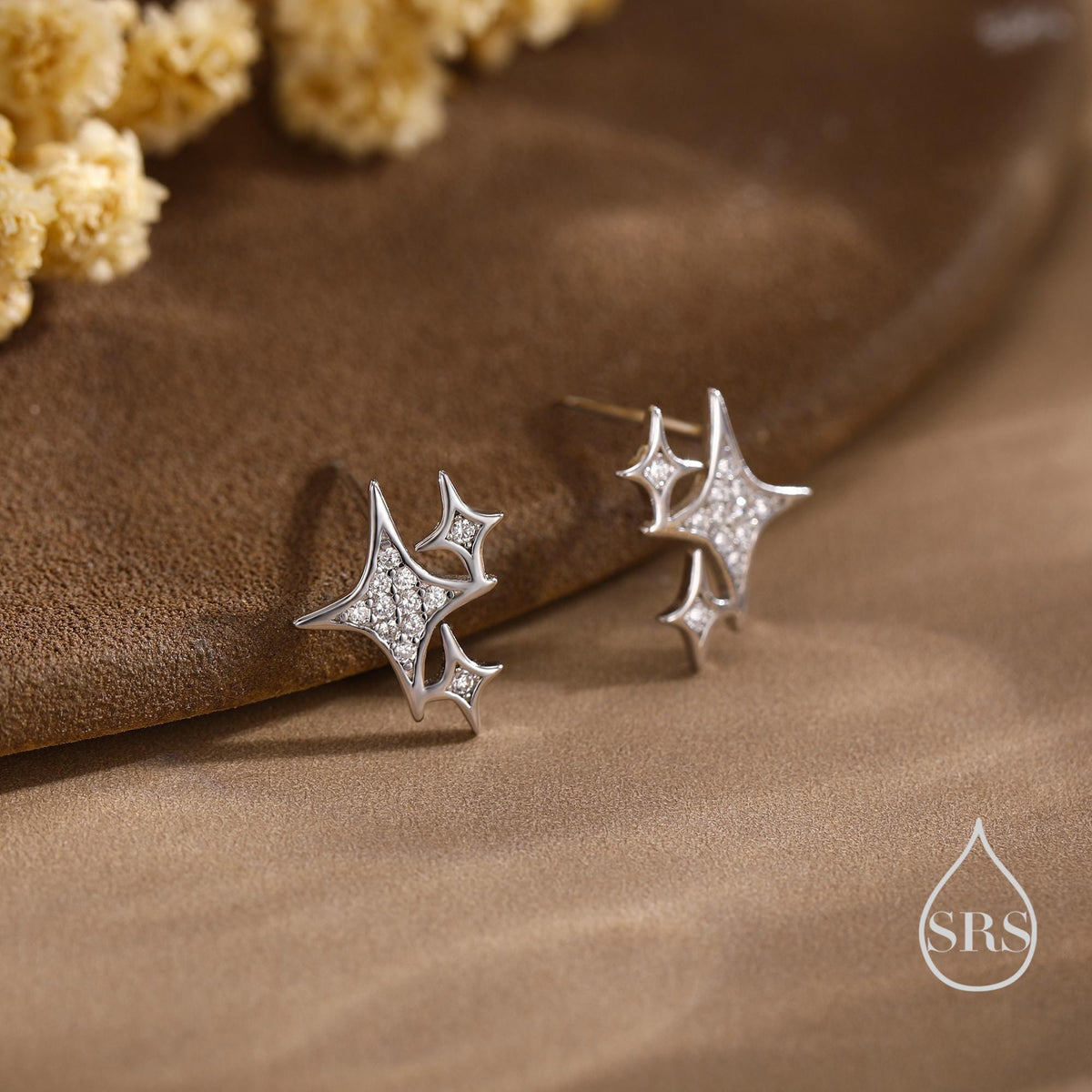 Sparkly Stars CZ Stud Earrings in Sterling Silver, Four Point Star Earrings, Silver or Gold, Three Star Earrings, Celestial Earrings