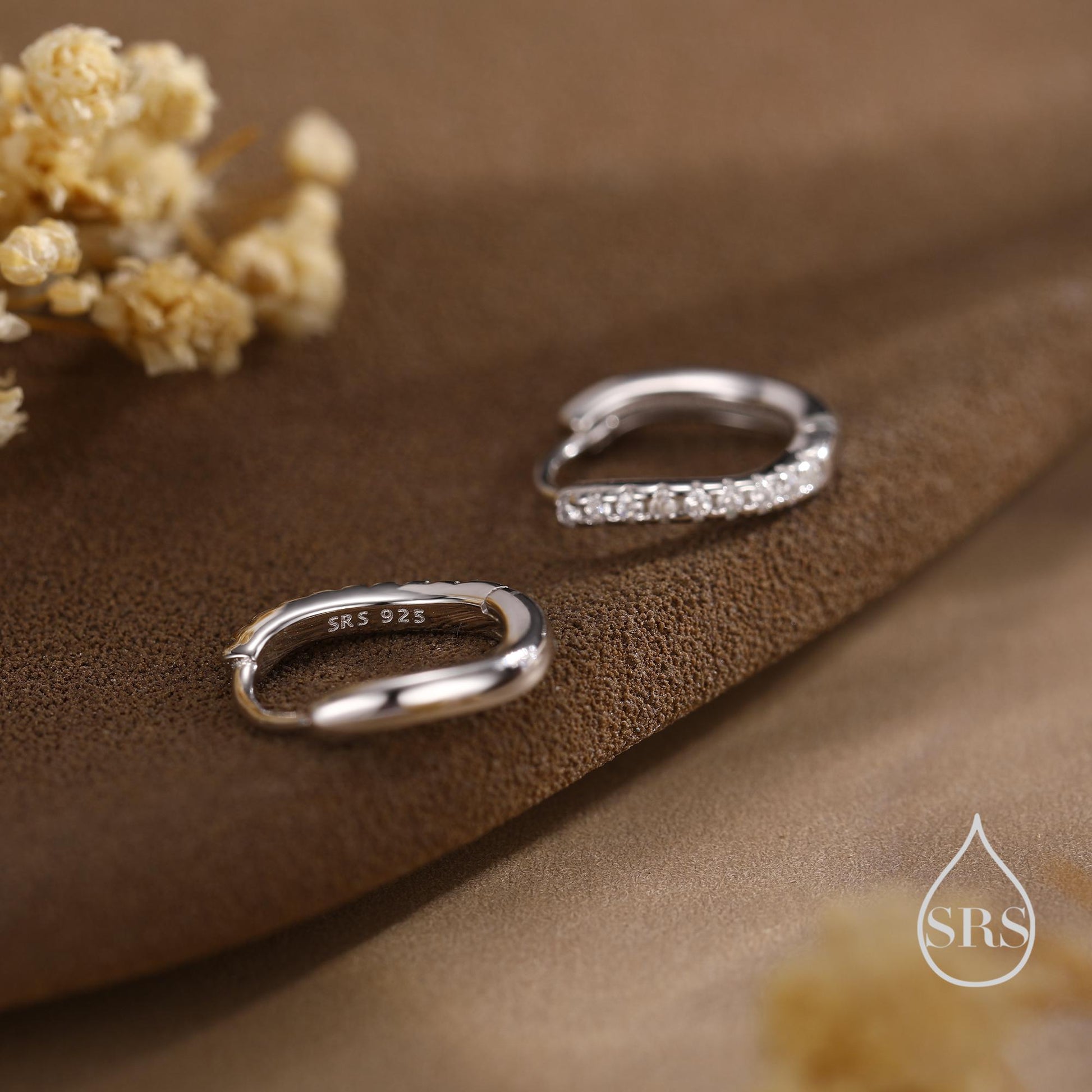 Irregular Shaped Minimalist CZ Crystal Huggie Hoop Earrings in Sterling Silver, Silver or Gold or Rose Gold, Delicate CZ Skinny Hoops