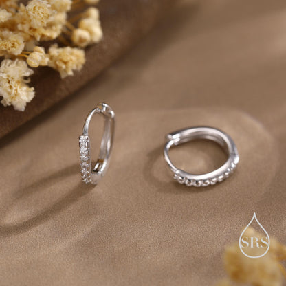 Irregular Shaped Minimalist CZ Crystal Huggie Hoop Earrings in Sterling Silver, Silver or Gold or Rose Gold, Delicate CZ Skinny Hoops