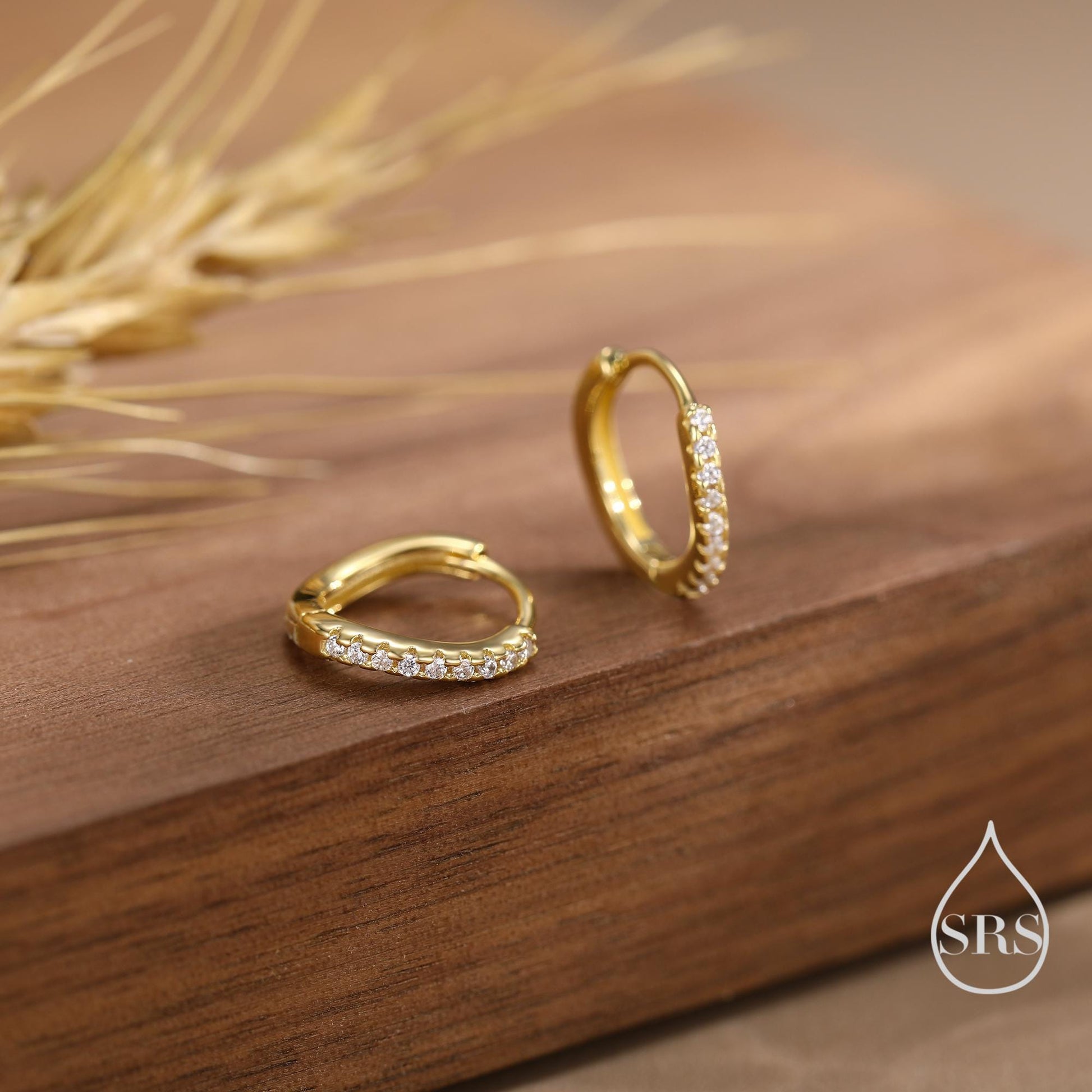 Irregular Shaped Minimalist CZ Crystal Huggie Hoop Earrings in Sterling Silver, Silver or Gold or Rose Gold, Delicate CZ Skinny Hoops