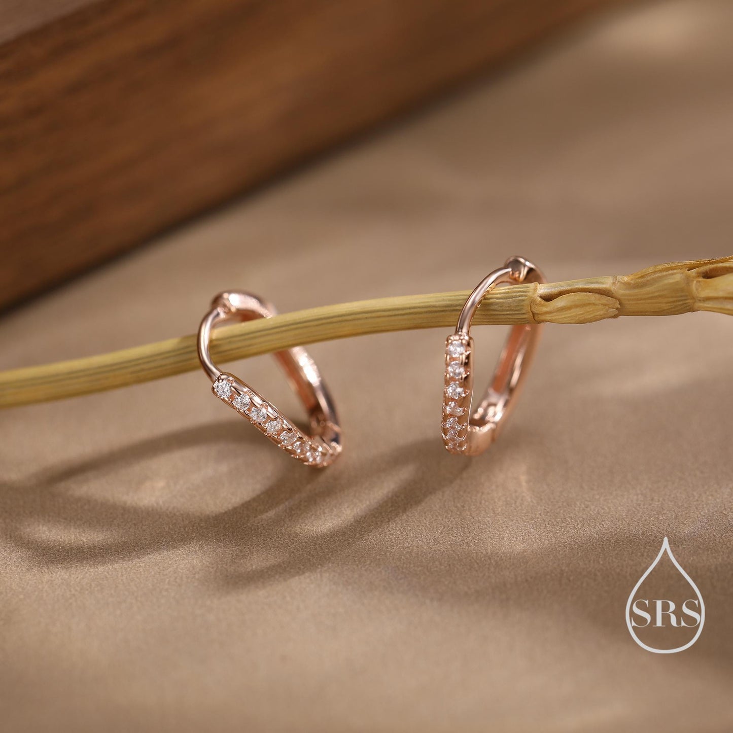 Irregular Shaped Minimalist CZ Crystal Huggie Hoop Earrings in Sterling Silver, Silver or Gold or Rose Gold, Delicate CZ Skinny Hoops