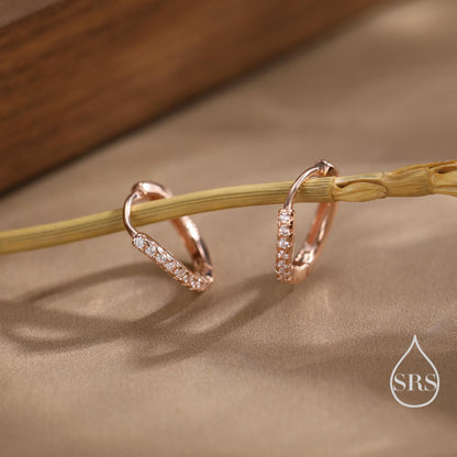 Irregular Shaped Minimalist CZ Crystal Huggie Hoop Earrings in Sterling Silver, Silver or Gold or Rose Gold, Delicate CZ Skinny Hoops