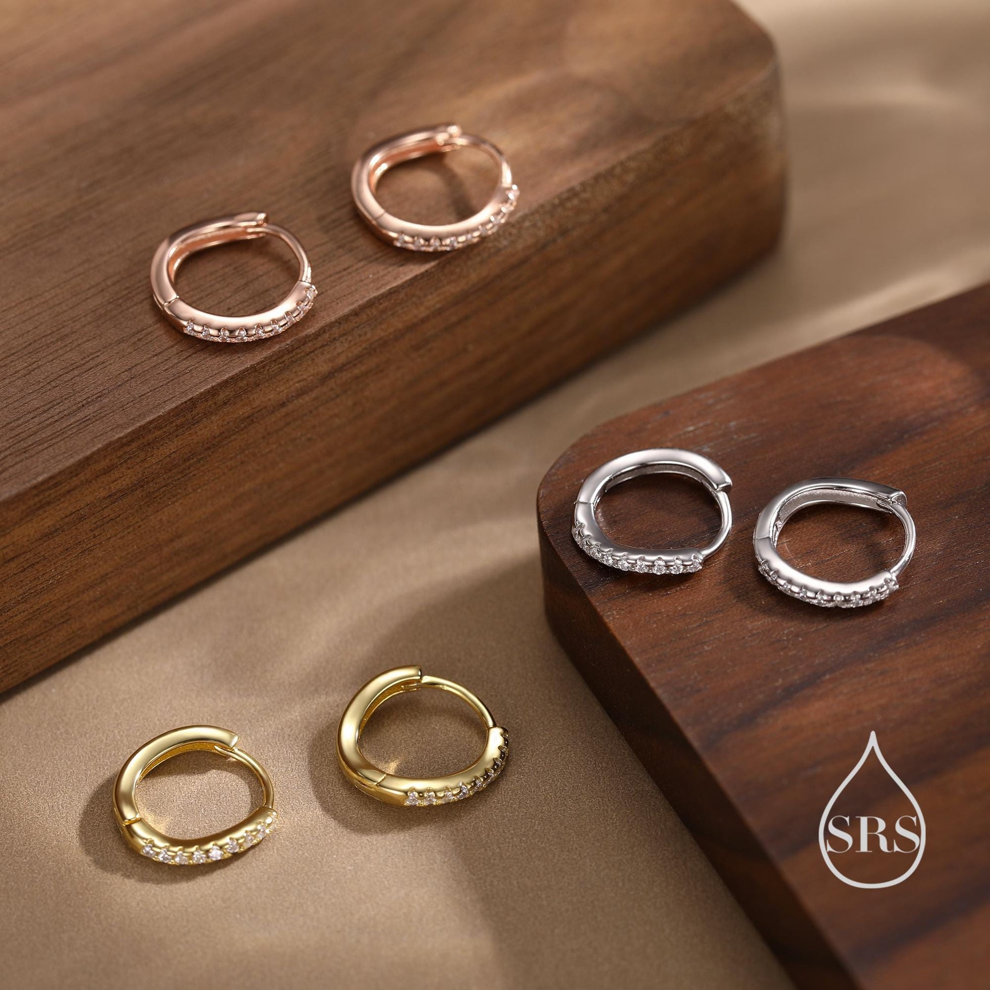 Irregular Shaped Minimalist CZ Crystal Huggie Hoop Earrings in Sterling Silver, Silver or Gold or Rose Gold, Delicate CZ Skinny Hoops