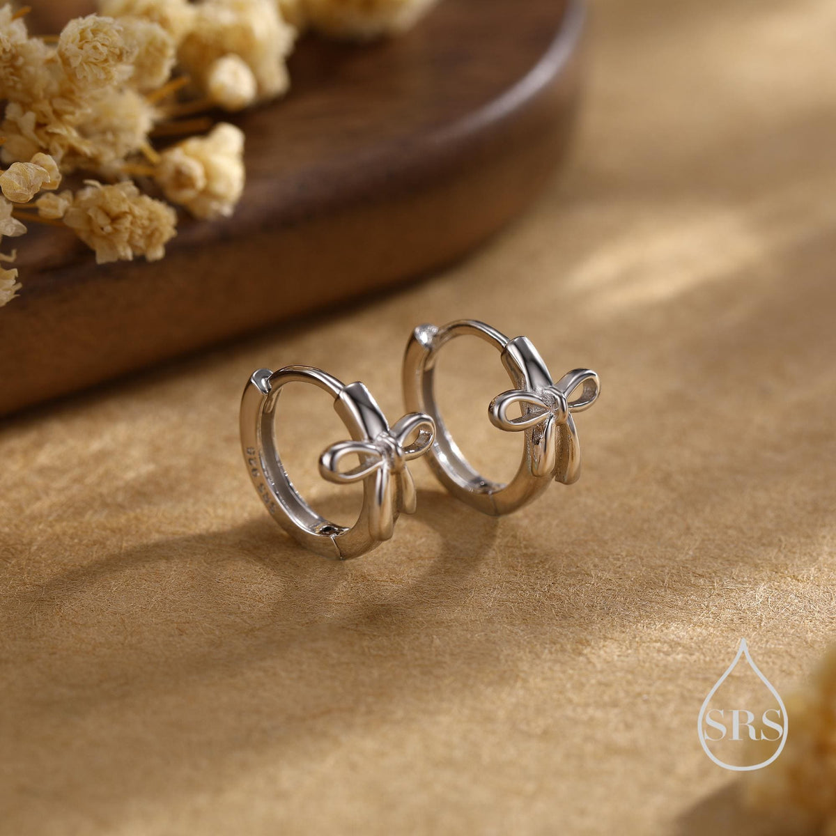 Dainty Ribbon Bow Huggie Hoop Earrings in Sterling Silver, Silver or Gold or Rose Gold, Ribbon Bow Earrings, Ribbon Bow Huggies