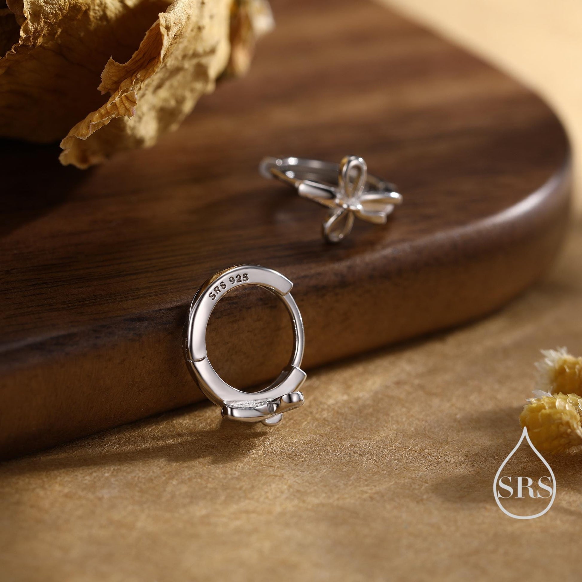 Dainty Ribbon Bow Huggie Hoop Earrings in Sterling Silver, Silver or Gold or Rose Gold, Ribbon Bow Earrings, Ribbon Bow Huggies