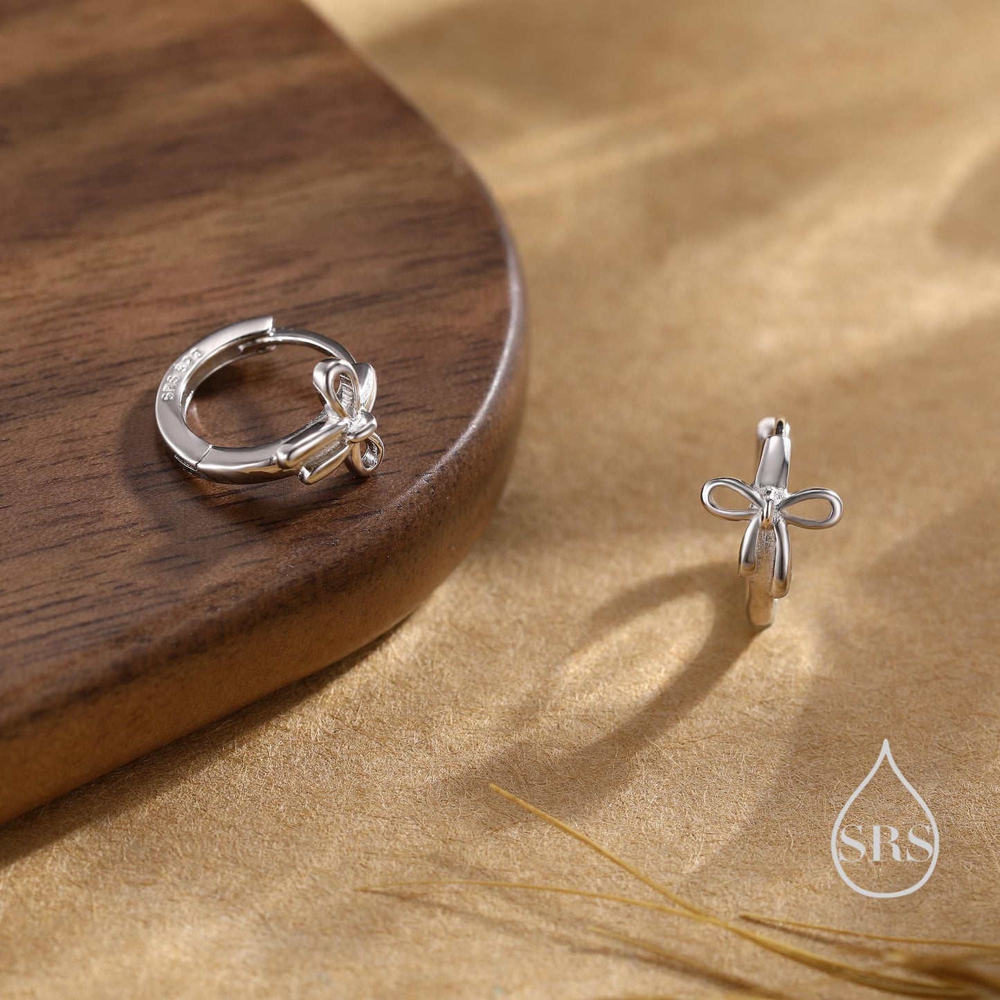 Dainty Ribbon Bow Huggie Hoop Earrings in Sterling Silver, Silver or Gold or Rose Gold, Ribbon Bow Earrings, Ribbon Bow Huggies