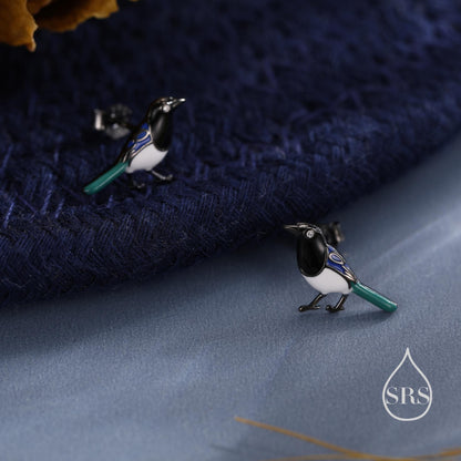 Tiny Sterling Silver Magpie Bird Stud Earrings, Enamel Coated Magpie Bird Earrings, Nature Inspired Animal Earrings, Magpie Stud