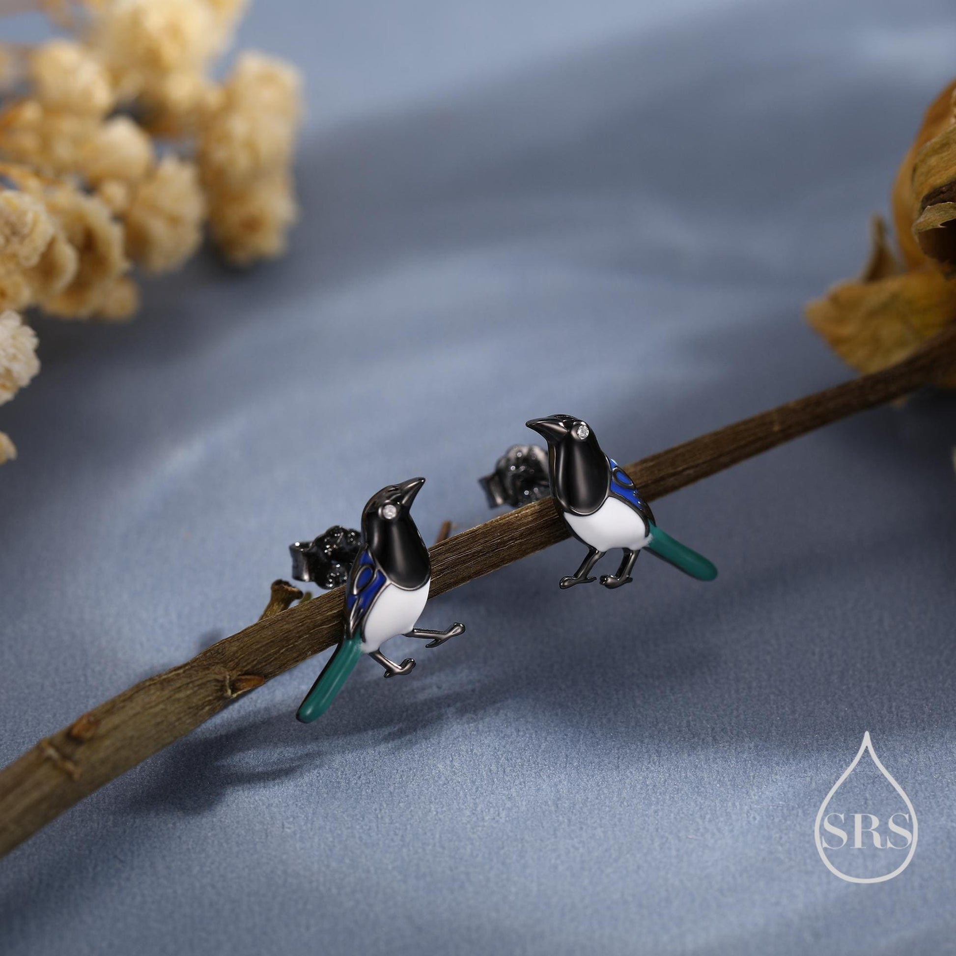 Tiny Sterling Silver Magpie Bird Stud Earrings, Enamel Coated Magpie Bird Earrings, Nature Inspired Animal Earrings, Magpie Stud