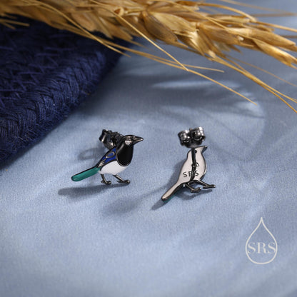 Tiny Sterling Silver Magpie Bird Stud Earrings, Enamel Coated Magpie Bird Earrings, Nature Inspired Animal Earrings, Magpie Stud