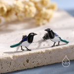 Tiny Sterling Silver Magpie Bird Stud Earrings, Enamel Coated Magpie Bird Earrings, Nature Inspired Animal Earrings, Magpie Stud