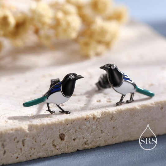Tiny Sterling Silver Magpie Bird Stud Earrings, Enamel Coated Magpie Bird Earrings, Nature Inspired Animal Earrings, Magpie Stud