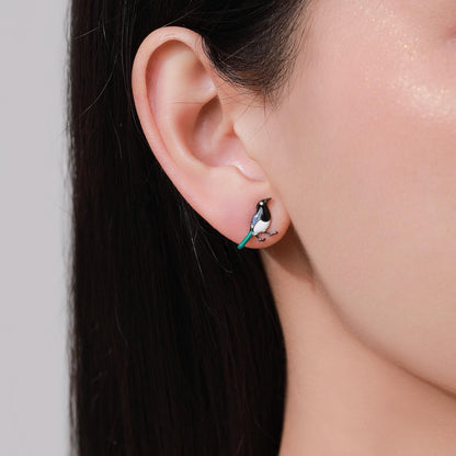 Tiny Sterling Silver Magpie Bird Stud Earrings, Enamel Coated Magpie Bird Earrings, Nature Inspired Animal Earrings, Magpie Stud