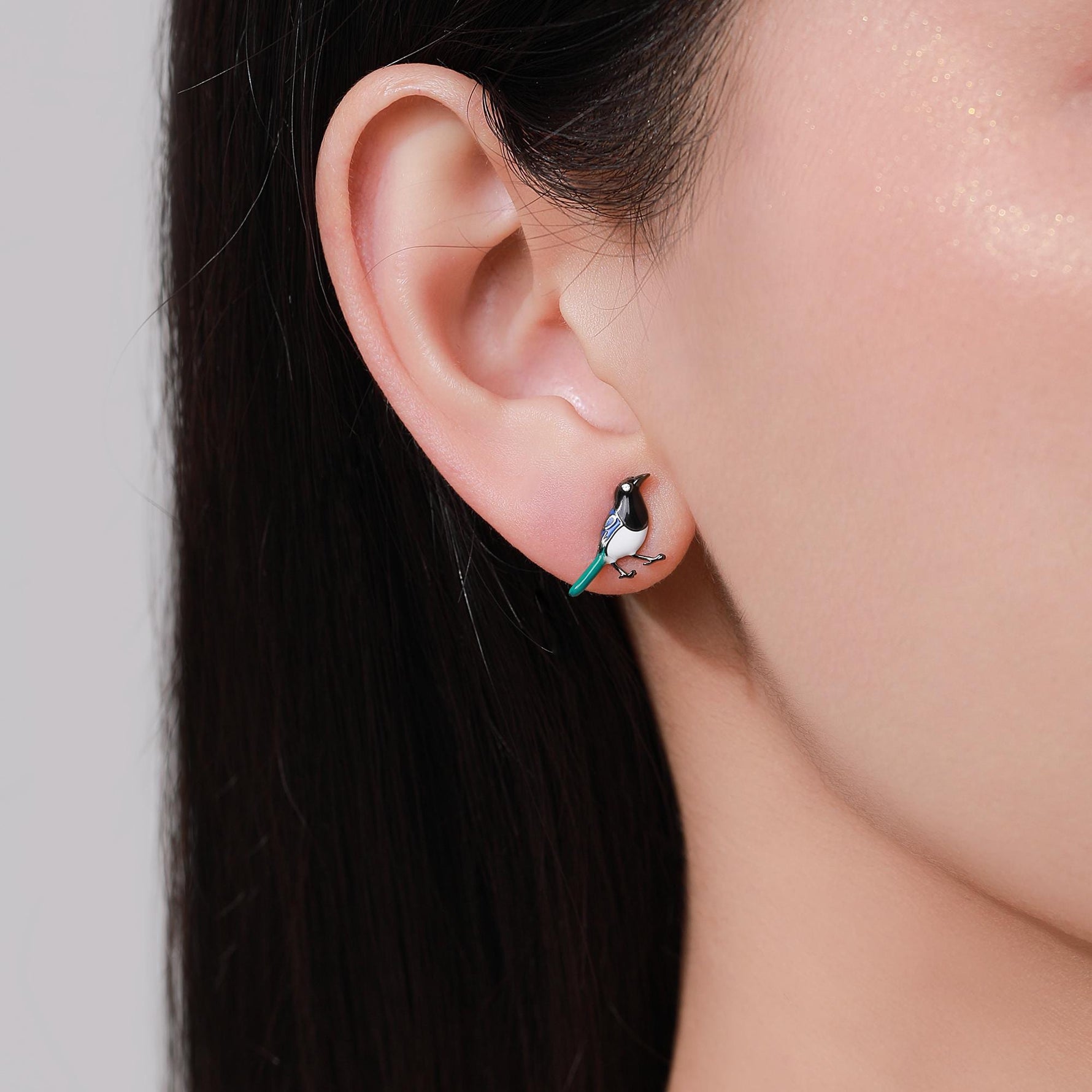 Tiny Sterling Silver Magpie Bird Stud Earrings, Enamel Coated Magpie Bird Earrings, Nature Inspired Animal Earrings, Magpie Stud