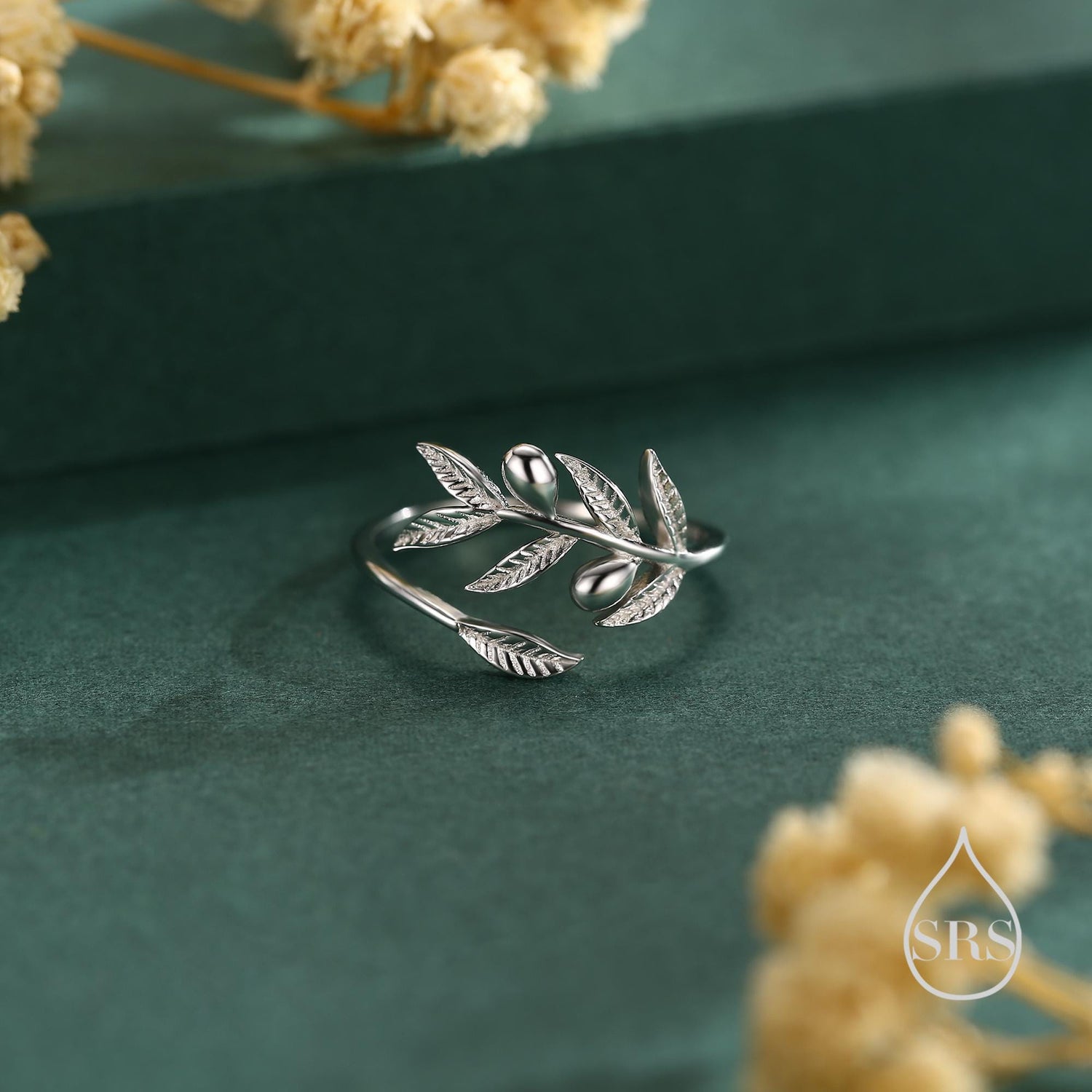 Olive Leaf with Olive Ring in Sterling Silver, Two Tone Finish, Adjustable Size, Olive Branch Botanical Jewellery, Olive Fruit Ring
