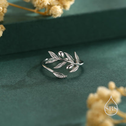 Olive Leaf with Olive Ring in Sterling Silver, Two Tone Finish, Adjustable Size, Olive Branch Botanical Jewellery, Olive Fruit Ring