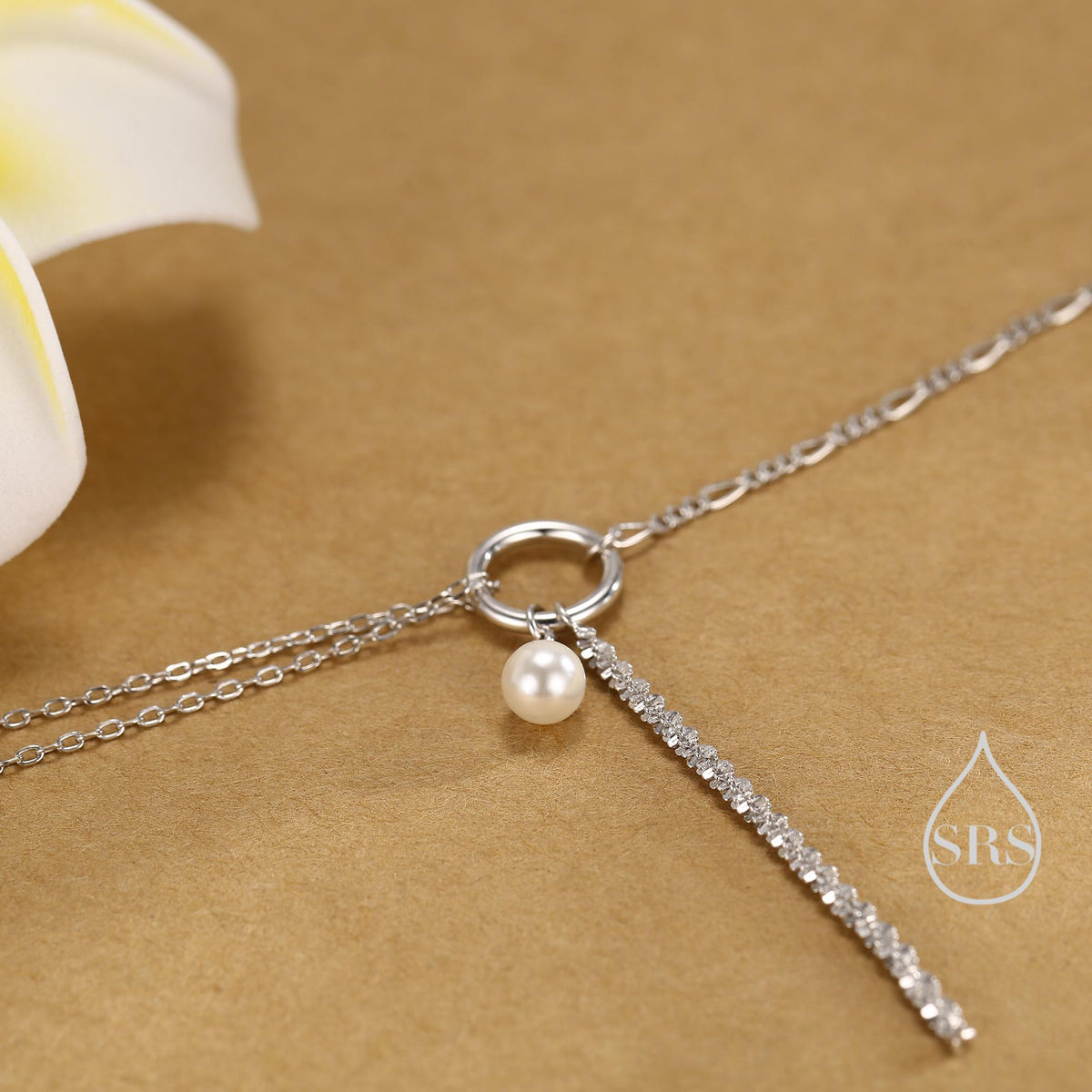 Pearl and Chain Choker Necklace in Sterling Silver, Geometric Design, Adjustable Length 16 inch to 18 inch, Pearl Necklace