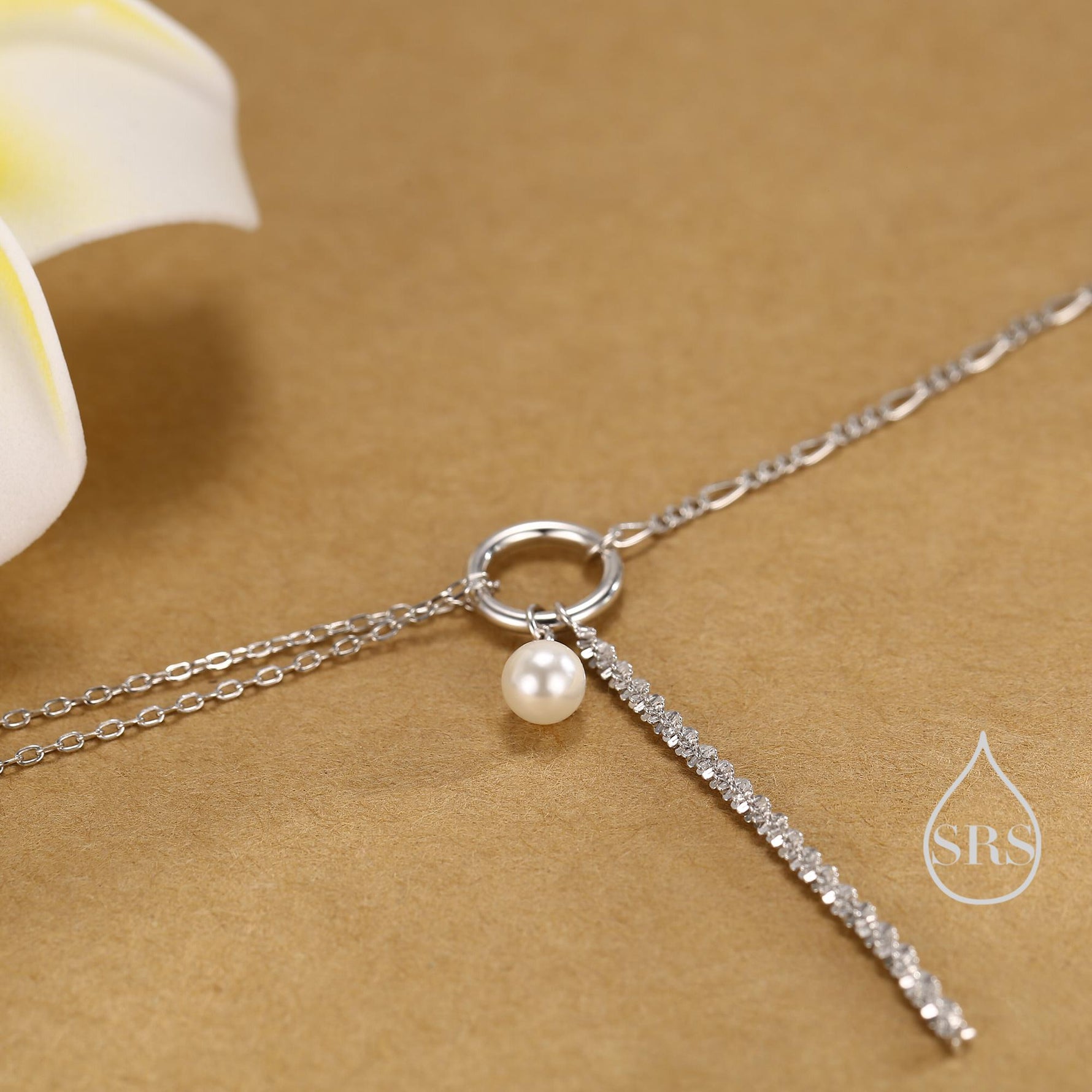 Pearl and Chain Choker Necklace in Sterling Silver, Geometric Design, Adjustable Length 16 inch to 18 inch, Pearl Necklace